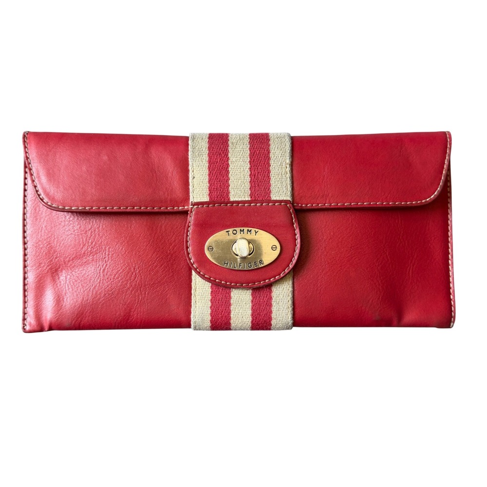 Vintage Tommy Hilfiger Red Leather Clutch Wallet Turn Lock‎ Stripe Y2K Women's